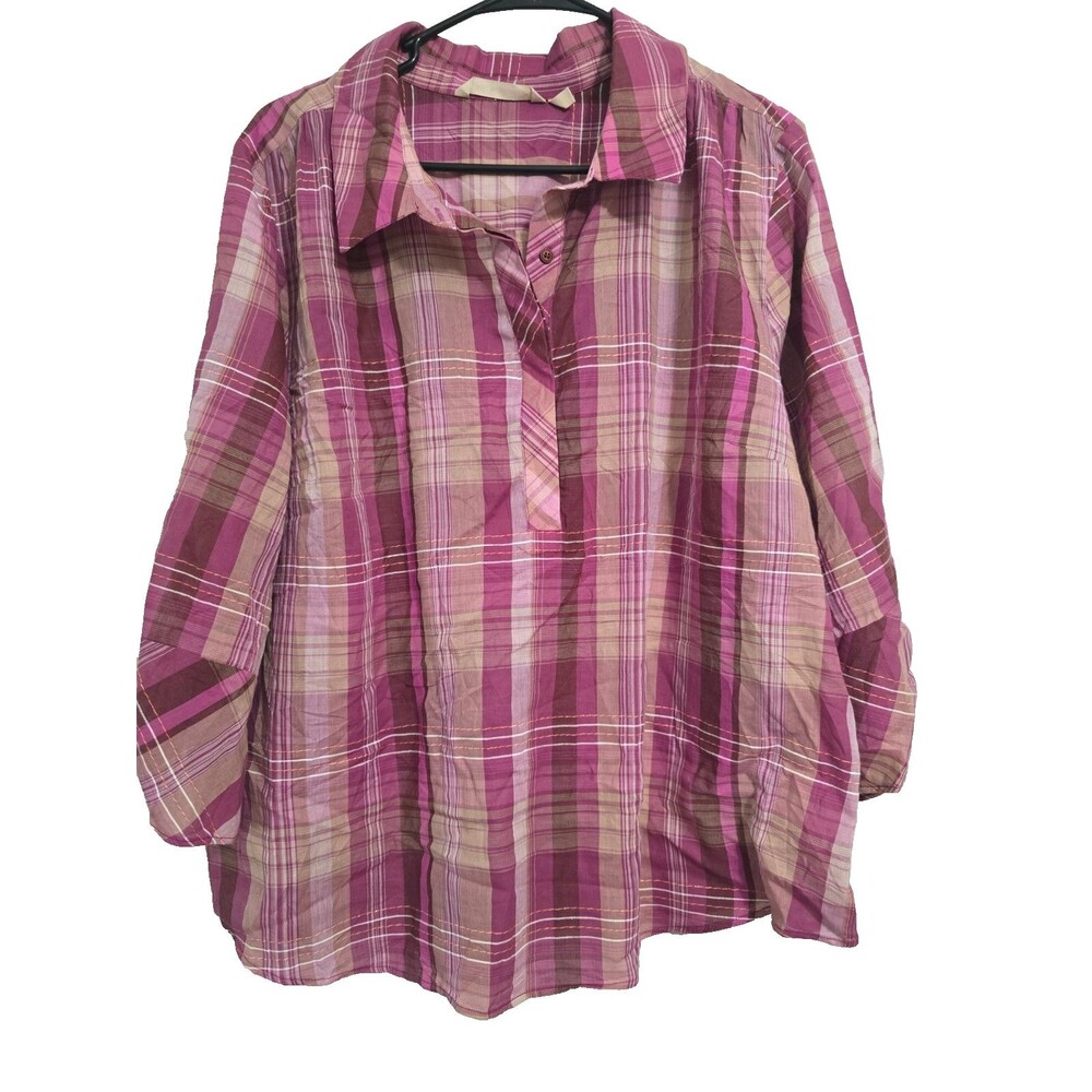 Soft Surroundings Top Women's Size 1X Pink Plaid Henley Pop Over Blouse